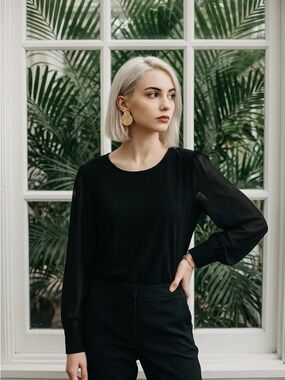 Calvin Klein Black Sheer-Sleeve Crewneck Blouse